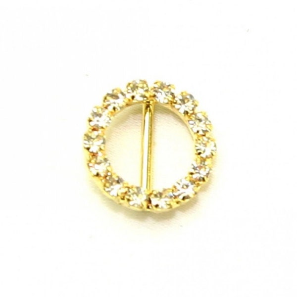 Rhinestone Diamante Gold Circle Buckle Ribbon Slider, 16mm (5/8in) Diameter with 11mm (7/16inch) Bar *Sold Individually*