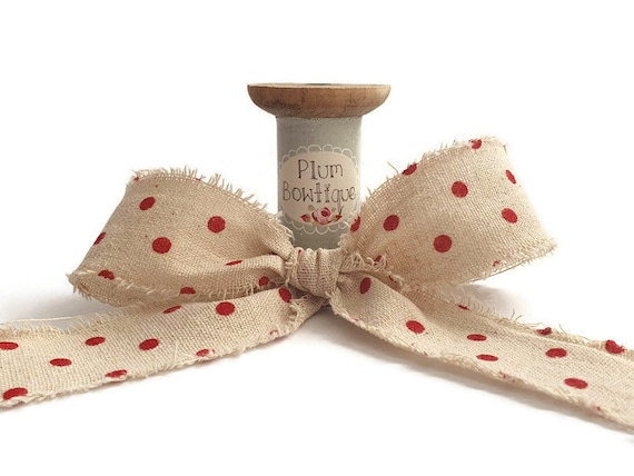 Red Cut Lengths Edge 38mm Linen Style Polka Dot Woven Ribbon