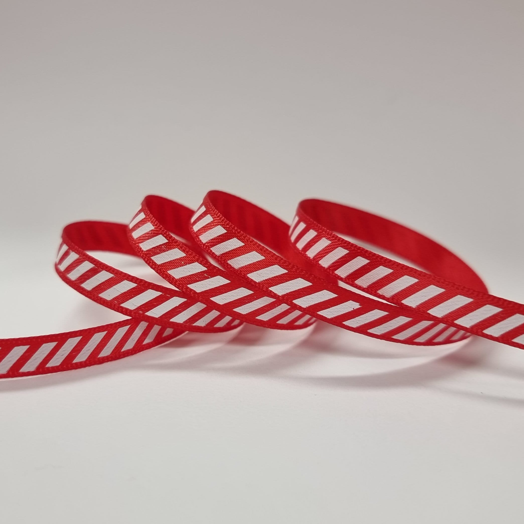 White Candy Stripe on Red Satin Ribbon 7mm 1 4in Wide sold per