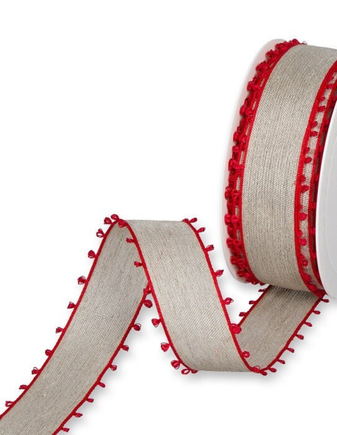 Natural Linen Ribbon With Red Looped Margins, Wired Edge, 35mm (1 3/8in ...