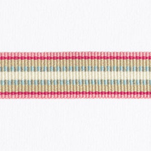 May include: A close-up of a woven ribbon with a repeating striped pattern. The ribbon features alternating stripes of pink, beige, light blue, and white. The edges are outlined in a darker pink color. The ribbon is set against a white background.