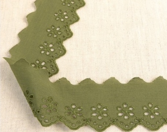 Moss Green "Lindsey" Floral Peaked Edge Broderie Anglaise Lace, 50mm (2in) wide *Sold Per Metre*