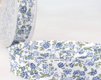 Denim Blues "Felicite" Floral Print Polycotton Bias Binding, 20mm (3/4in) wide *Sold Per Metre*