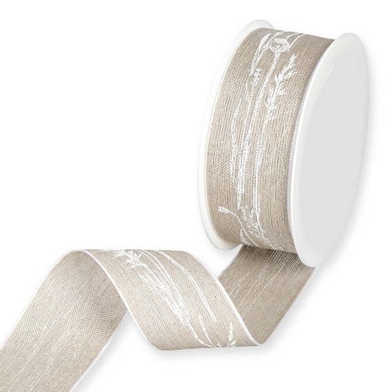 White Wild Grass Print on Natural Linen Ribbon, Wired Edge, 40mm (1 9/16in)  wide *Sold Per Metre*