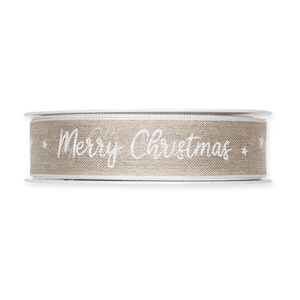 White "Merry Christmas" on Natural Linen Blend Ribbon, Wired Edge, 25mm (1in) wide *Sold Per Metre*