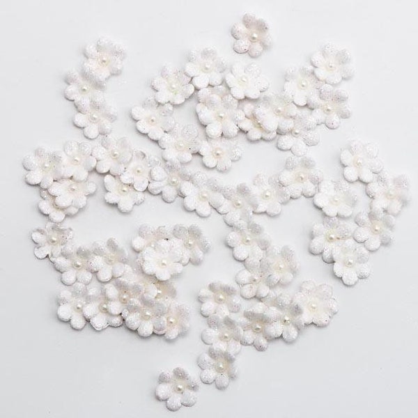 60pc White Glitter Handmade Paper Flowers, Mini, 10mm (3/8in) wide *Sold Per 60pc Pack*