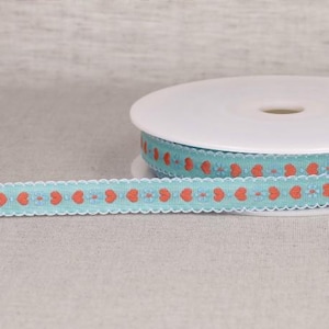 Light Blue Jacquard Ribbon with Coral Hearts and Blue Flowers with Scalloped Edge, 15mm (9/16in) wide *Per 1 Metre/39 inch*