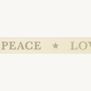 Stampa festiva dorata “Peace Love Noel Joy” su nastro avorio, larghezza 15 mm (9/16 pollici) *venduto al metro*