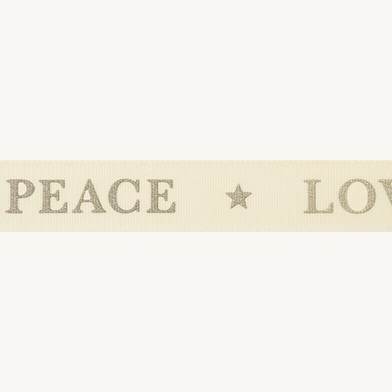 Gold "Peace Love Noel Joy" Festive Print on Ivory Ribbon, 15mm (9/16in) wide *Sold Per Metre*