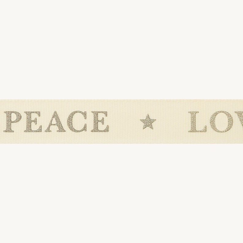 May include: Cream-colored ribbon with the words "PEACE" and "LOVE" printed in a silver glitter font, separated by a silver star. The ribbon is a neutral color, suitable for various craft projects.