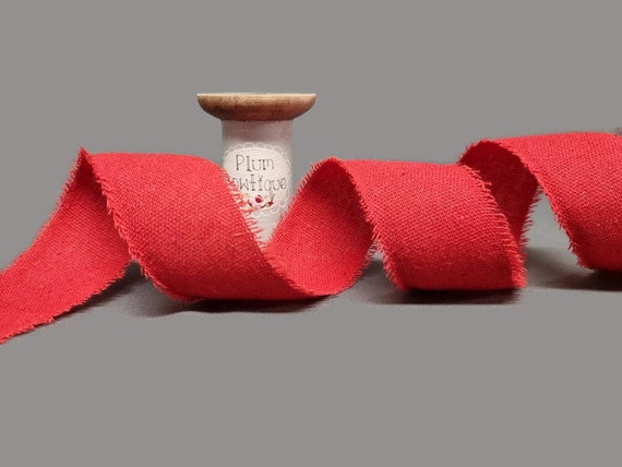 Red 100% Linen Ribbon With Frayed Edge, 38mm 1.5in Wide sold per Metre 