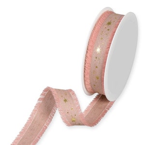 Impresión Gold Galaxy en cinta Blush Rose Linen-Blend con borde con flecos, 25 mm (1 pulgada) de ancho * Se vende por metro *