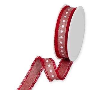 Estampado de estrella blanca sobre cinta de mezcla de lino rojo con borde con flecos, 25 mm (1 in) de ancho *Se vende por metro*