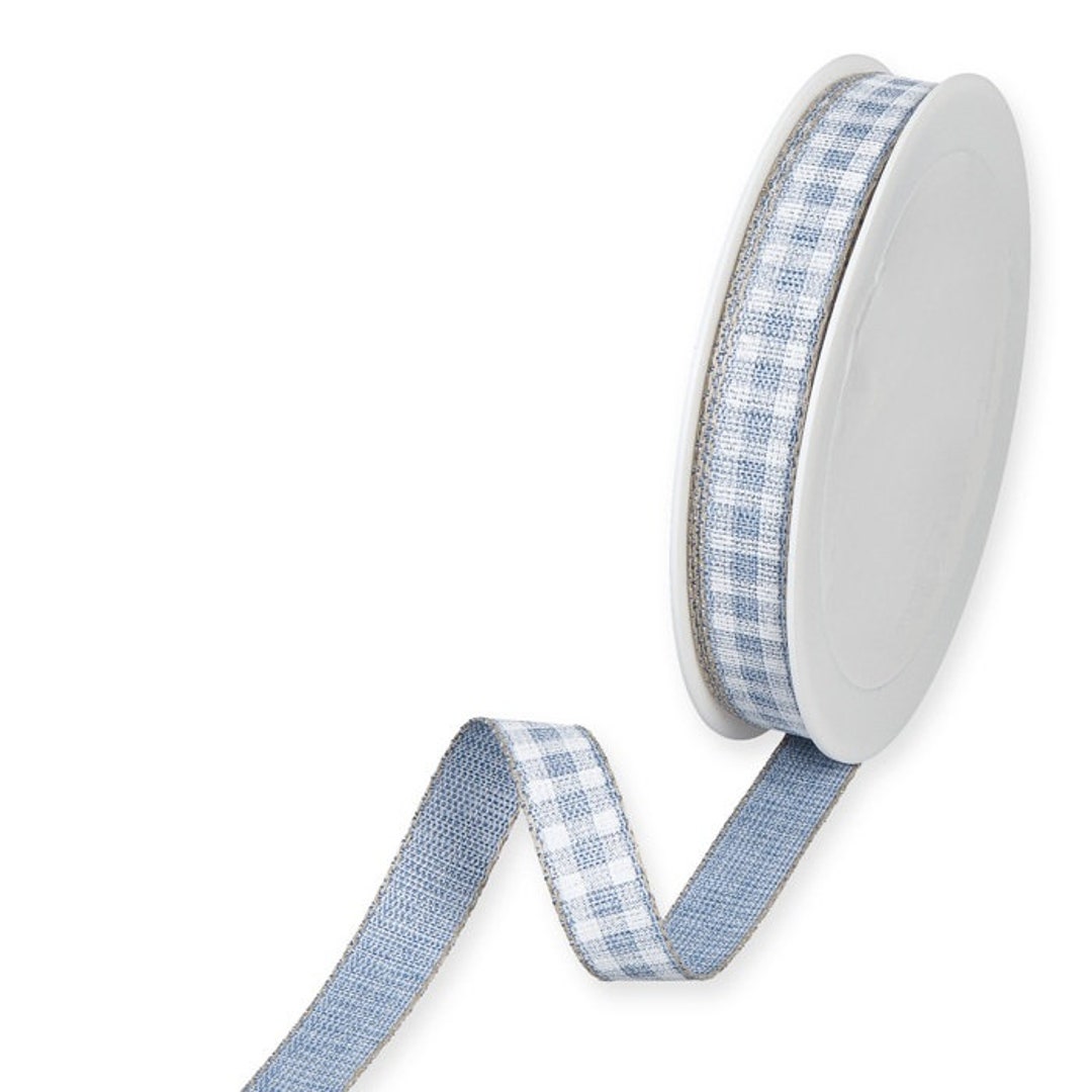 Denim Blue Country Gingham Print on Linen-blend Ribbon, 15mm (9/16in ...