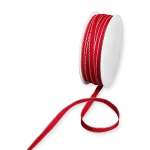 Red Textured Ribbon with Linen Stitched Edges, 7mm (1/4in) wide *Sold Per Metre*