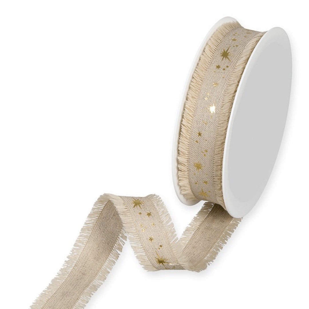 Gold Galaxy Print on Natural Beige Linen-blend Ribbon With Fringed Edge ...