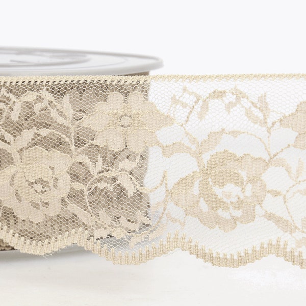 Taupe Floral Nylon Lace with Scalloped Edge, 50mm (2in) wide *Sold Per Metre*