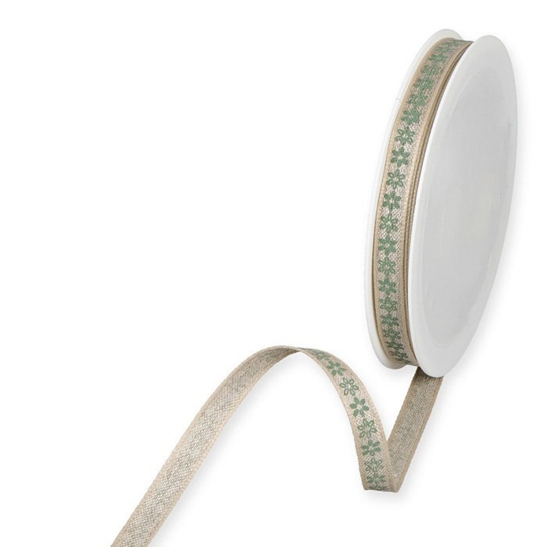 Little Sage Green Flowers on Natural Linen-blend Ribbon, Wired Edge ...