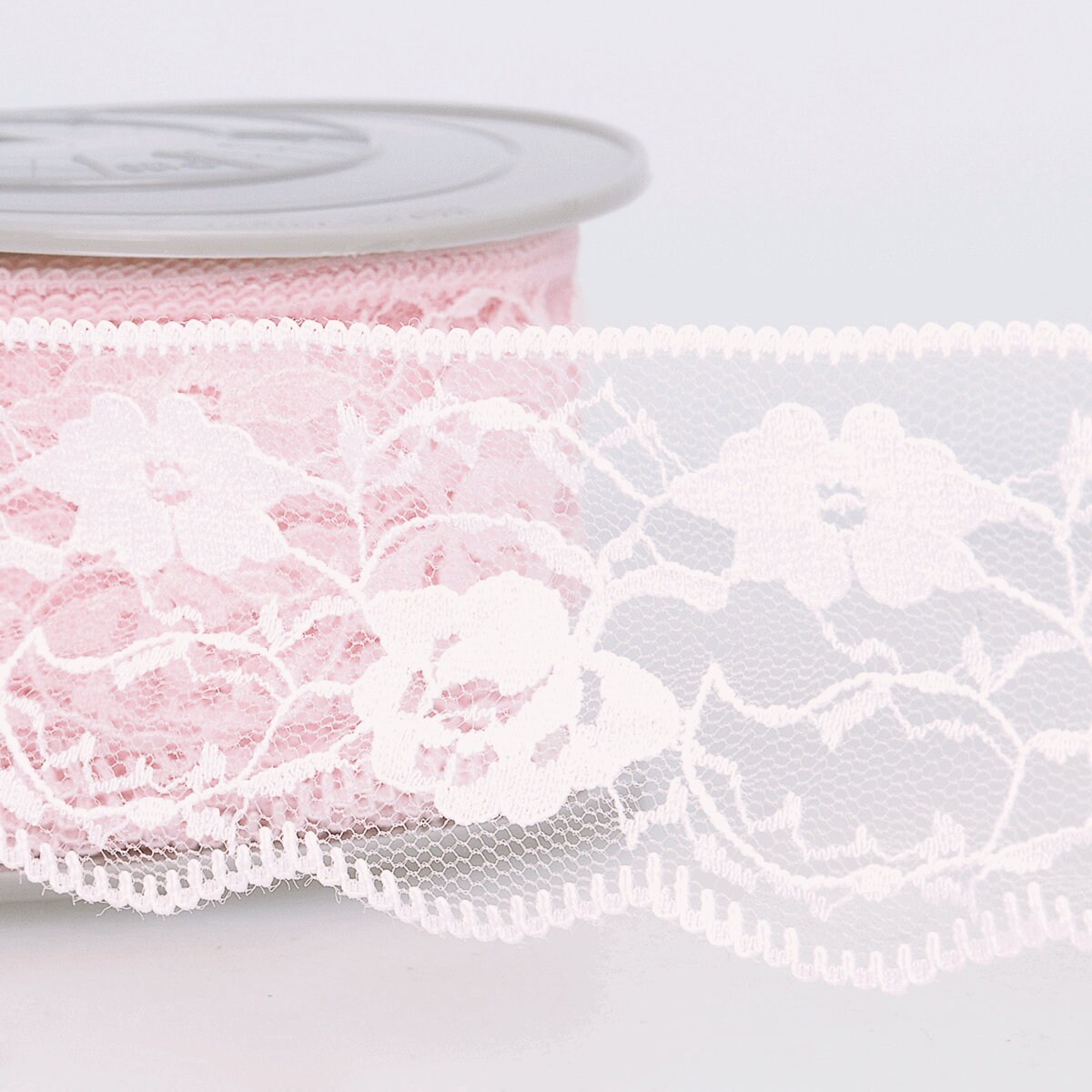 Pale Pink Floral Nylon Lace With Scalloped Edge, 50mm (2in