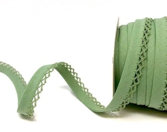 Soft Sage Green Polycotton Bias Binding with Picot Lace Edge, Pre-folded 12mm (1/2in) wide *Sold Per Metre*