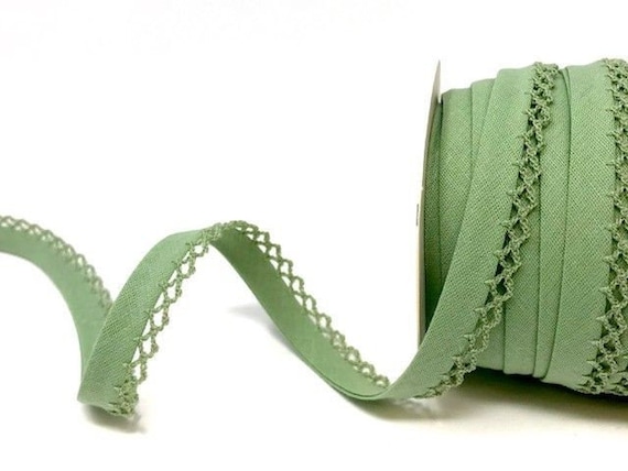 Soft Sage Green Polycotton Bias Binding with Picot Lace Edge, Pre-folded 12mm (1/2in) wide *Sold Per Metre*