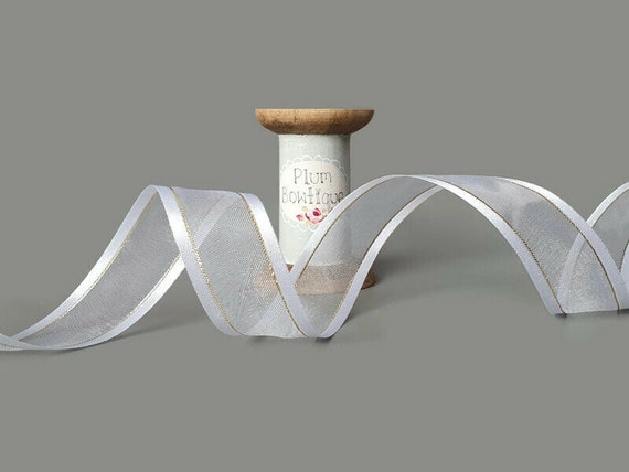 White Sheer Ribbon With Satin Edge and Metallic Gold Stripe, 23mm