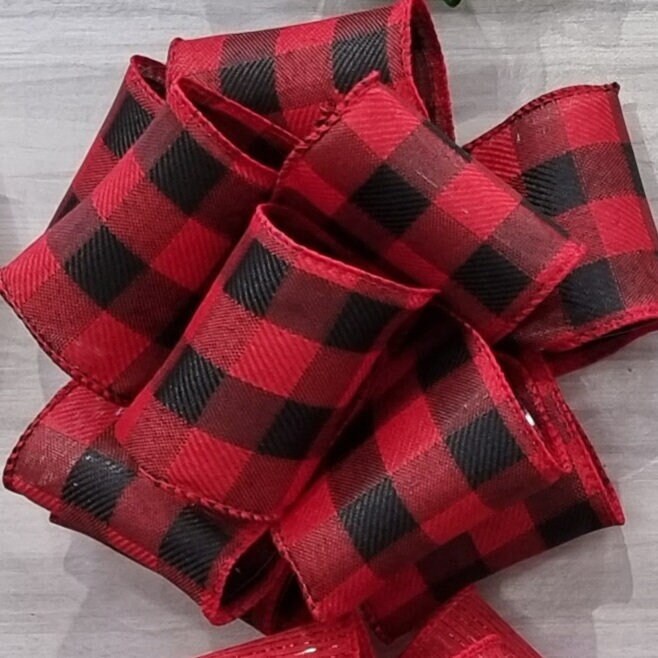 Red & Black Buffalo Check Plaid Ribbon, Wired Edge, 63mm
