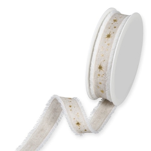 Impresión Gold Galaxy en cinta blanca de lino con borde con flecos, 25 mm (1 pulgada) de ancho * Se vende por metro *