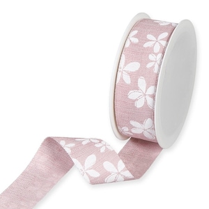 Blüten Druck auf seidig strukturiertem, 35mm breitem Webband in Rosa, Meterware.