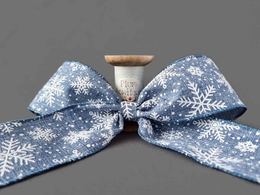 White Glitter Snowflakes on Denim Blue Burlap Ribbon With Wired Edges ...