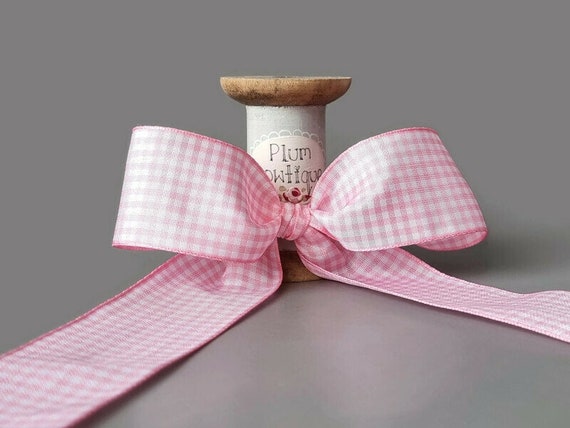 Pale Pink & White Traditional Gingham Ribbon, 40mm 1 9/16in Wide sold per  Metre 