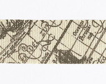 Vintage Map Print on Natural Cotton-Bamboo Blend Ribbon, 25mm (1in) wide *Per 1 Metre/39 inch*