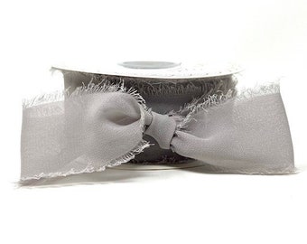 Soft Grey Frayed Edge Silky Crepe Chiffon Ribbon, 38mm (1.5in) wide *Sold Per Metre*