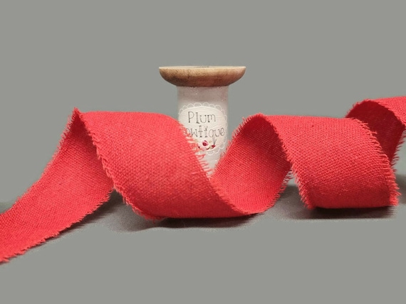 Red 100% Linen Ribbon With Frayed Edge, 38mm 1.5in Wide sold per Metre 