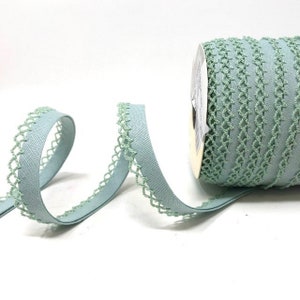 Nastro sbieco in misto lino verde tranquillo con bordo in pizzo picot, prepiegato, larghezza 12 mm (1/2 pollice) *Venduto al metro*