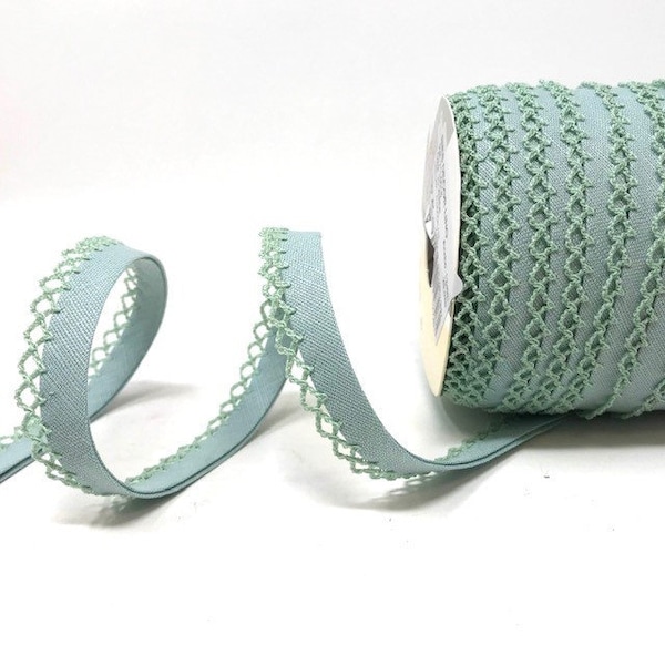 Tranquil Green Linen-Blend Bias Binding with Picot Lace Edge, Pré-plié 12mm (1/2po) de large *Vendu par mètre*