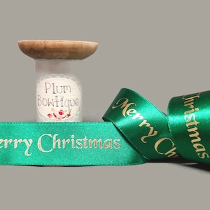 "Gold ""Merry Christmas"" auf grünem Satinband, 25mm breit * Meterware *