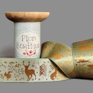 Copper "Wild Woods" Print on Sage Green Luxury Satin Ribbon, 25mm (1in) wide *Sold Per Metre*