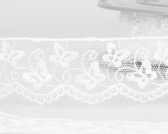 White Butterfly Embroidered Tulle Lace with Scalloped Edge, 35mm (1 3/8in) wide *Sold Per Metre*