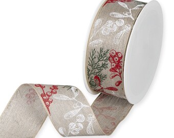 Festive Branches Printed on Natural Linen-Blend Ribbon, Wired Edge, 40mm (1 9/16in) wide *Sold Per Metre*