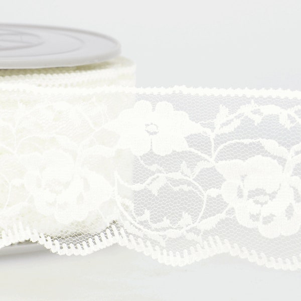 Ivory Floral Nylon Lace with Scalloped Edge, 50mm (2in) wide *Sold Per Metre*