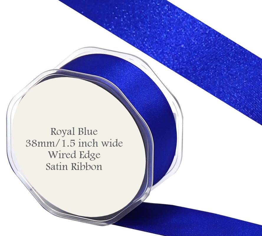 40 mm wide Blue Christmas Wired Ribbon, Satin Ribbon With Organza Edge