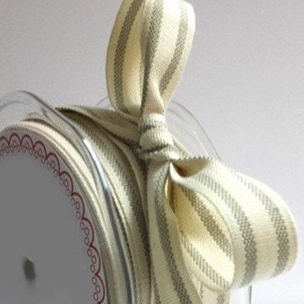 Natural Beige Ticking Stripe on Cream Cotton-Blend Ribbon, 15mm (9/16in) wide *Sold Per Metre*