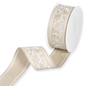 Witte 'pioenroos'-bloemenprint op natuurlijk linnen lint met gestikte streepmarges, 40 mm breed *verkocht per meter*
