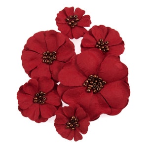 6pz Fiori di papavero di carta rossi con perline, diverse misure *Venduti per confezione da 6pz*