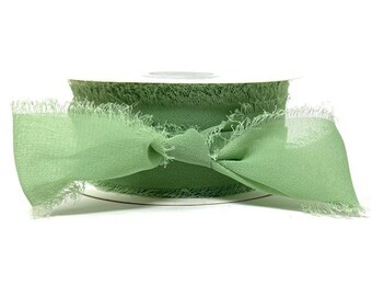 Soft Sage Green Frayed Edge Silky Crepe Chiffon Ribbon, 38mm (1.5in) wide *Sold Per Metre*