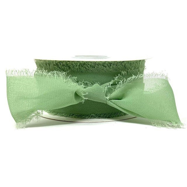 Soft Sage Green Frayed Edge Silky Crepe Chiffon Ribbon, 38mm 1.5in Wide  sold per Metre 