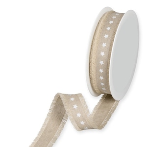 Estampado de estrella blanca sobre cinta de lino beige natural con borde con flecos, 25 mm (1 in) de ancho *Se vende por metro*