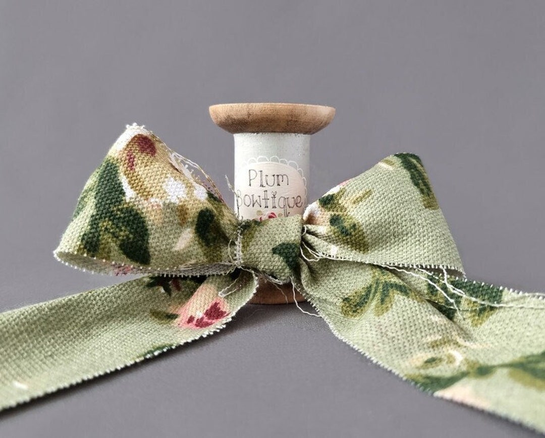 Bold Floral Print on Sage Green Linen-blend Ribbon With Frayed Edge ...