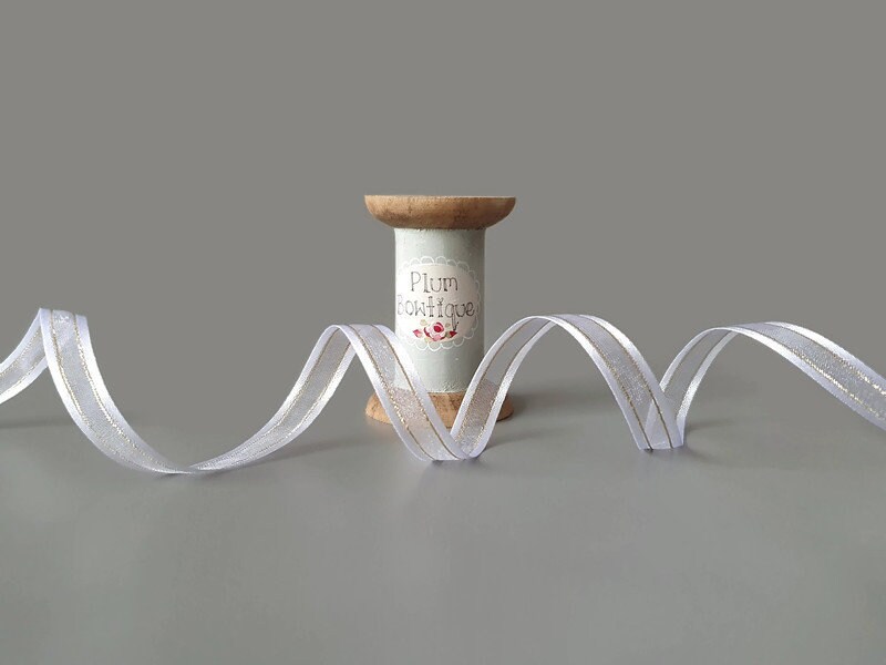 White Sheer Ribbon With Satin Edge and Metallic Gold Stripe Etsy